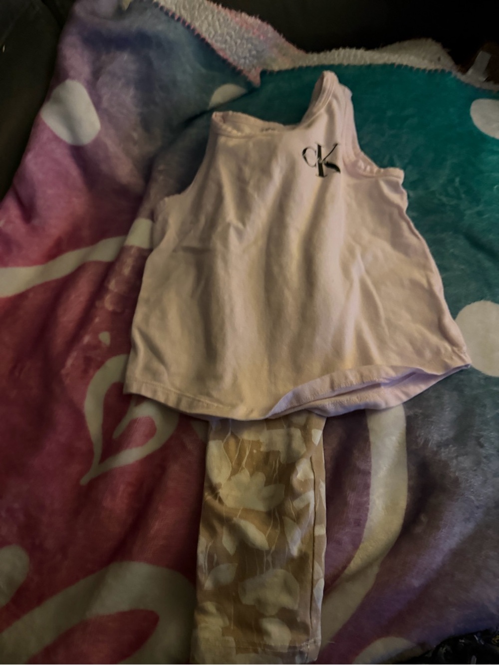 Calvin Klein Kids Light Pink Tank Top and Tan Floral leggings Set